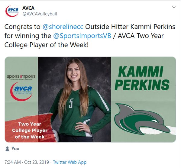AVCA tweet annoucing Kammi Perkins as national 2-yr player of the week