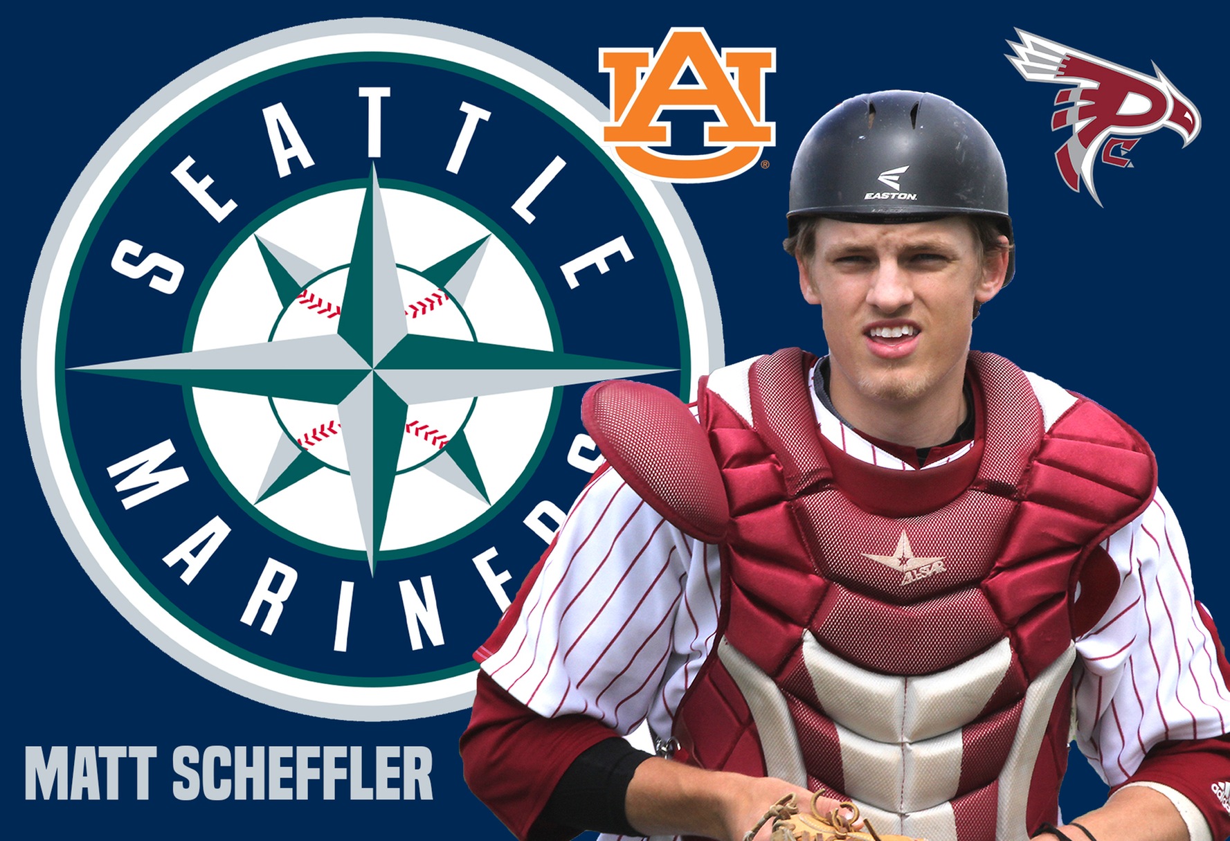 image of Matt Scheffler in his Pierce college catcher uniform and Seattle Mariners, Pierce & Auburn Athletic logos