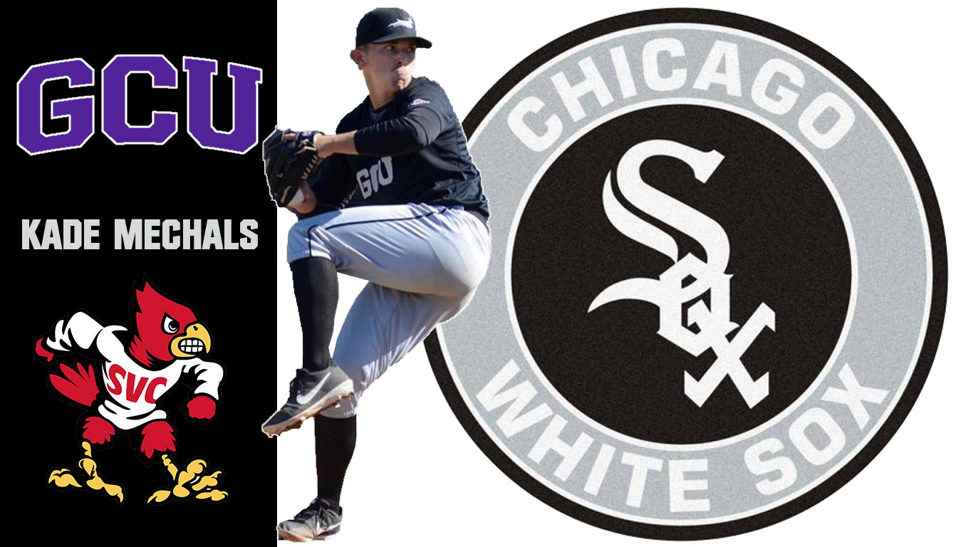 image of Kade Mechals pitching for GCU with White Sox, SVC and GCU logos