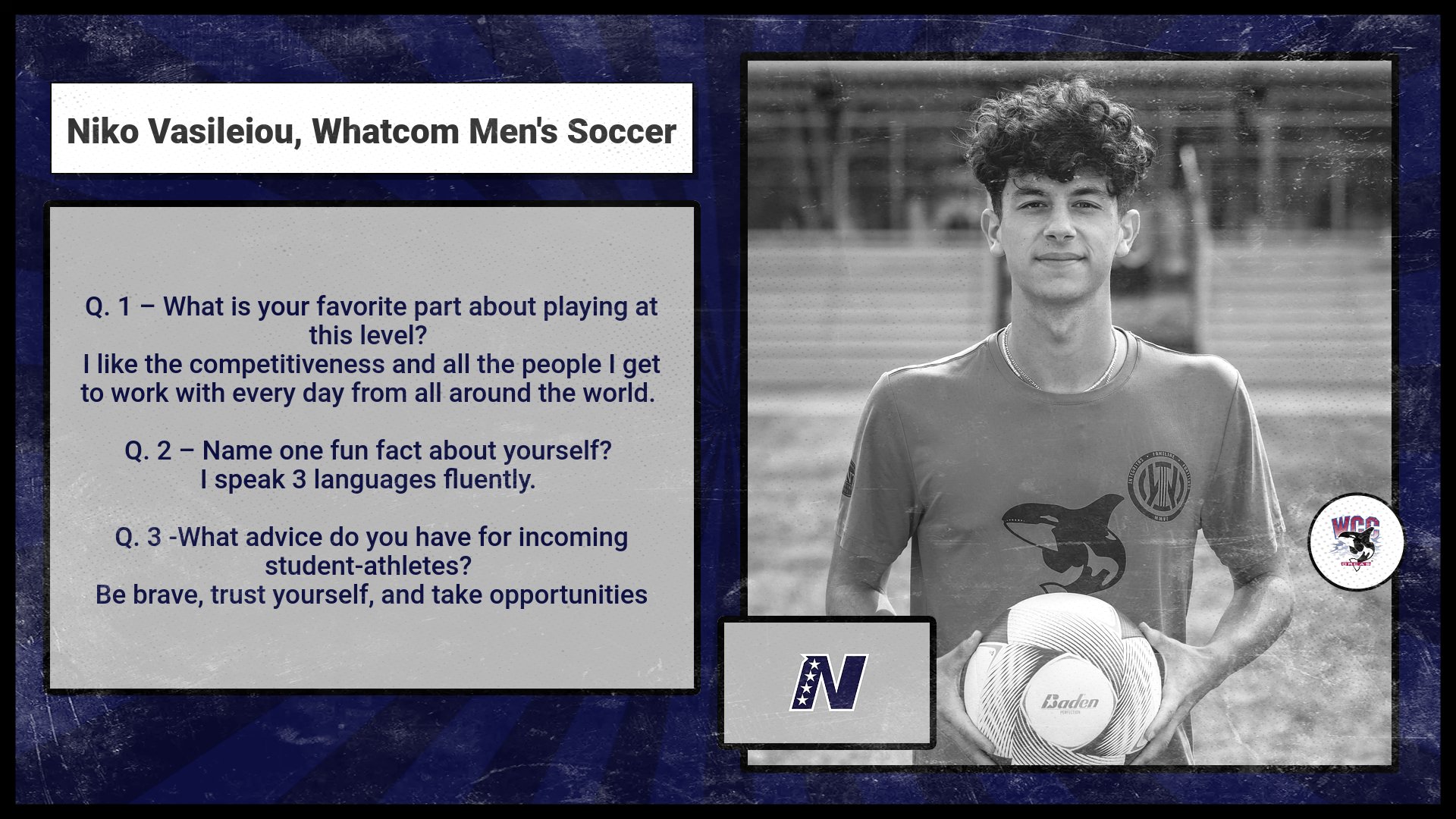 Graphic of Niko Vasileiou, Whatcom Men's Soccer Player